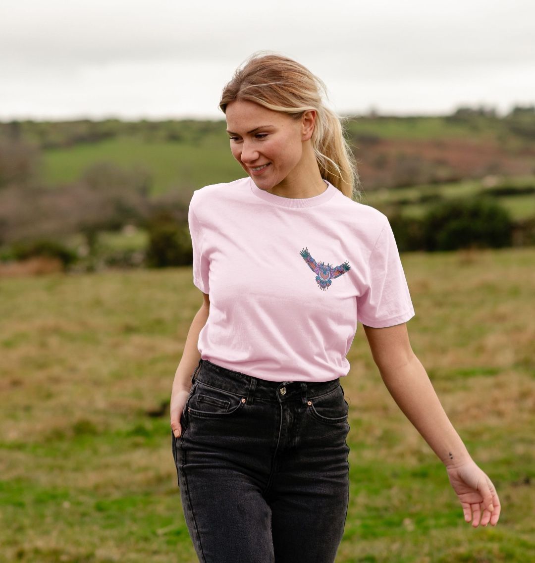 Flying Fire Lion by Fowl Plays on Pink Organic Cotton Unisex Front & Back T-shirt Sustainable Fashion and Art At Fowl Plays