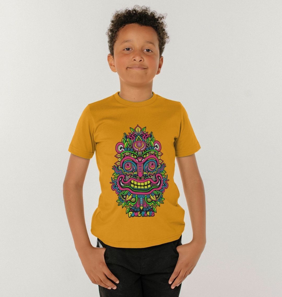 Organic Cotton Mustard Kids T-shirt featuring Smiling Mask Primary by Fowl Plays - Sustainable Fashion and Art At Fowl Plays