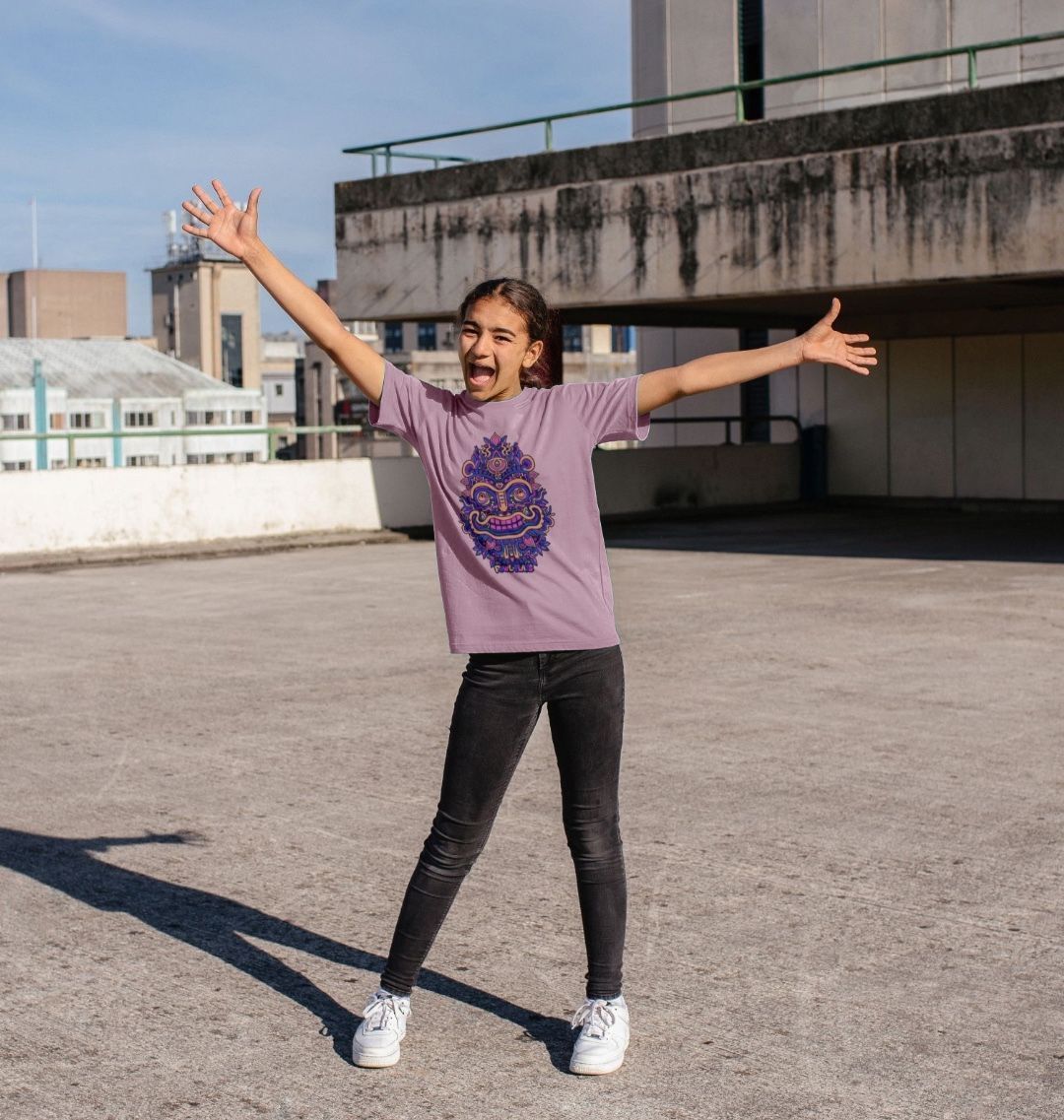 Organic Cotton Mauve Kids T-shirt featuring Smiling Mask Purple by Fowl Plays - Sustainable Fashion and Art At Fowl Plays