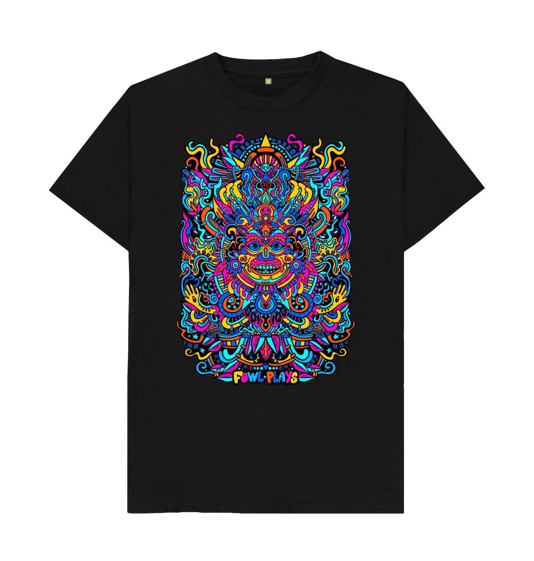 Organic Cotton Black T-shirt featuring a Psychedelic Mask Blue Edition by Fowl Plays - Sustainable Fashion and Art At Fowl Plays