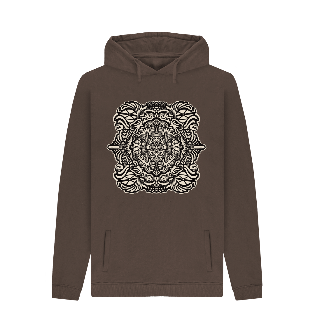 Organic Cotton Chocolate Hoodie featuring Pirate Play Black and White by Fowl Plays - Sustainable Fashion and Art At Fowl Plays.