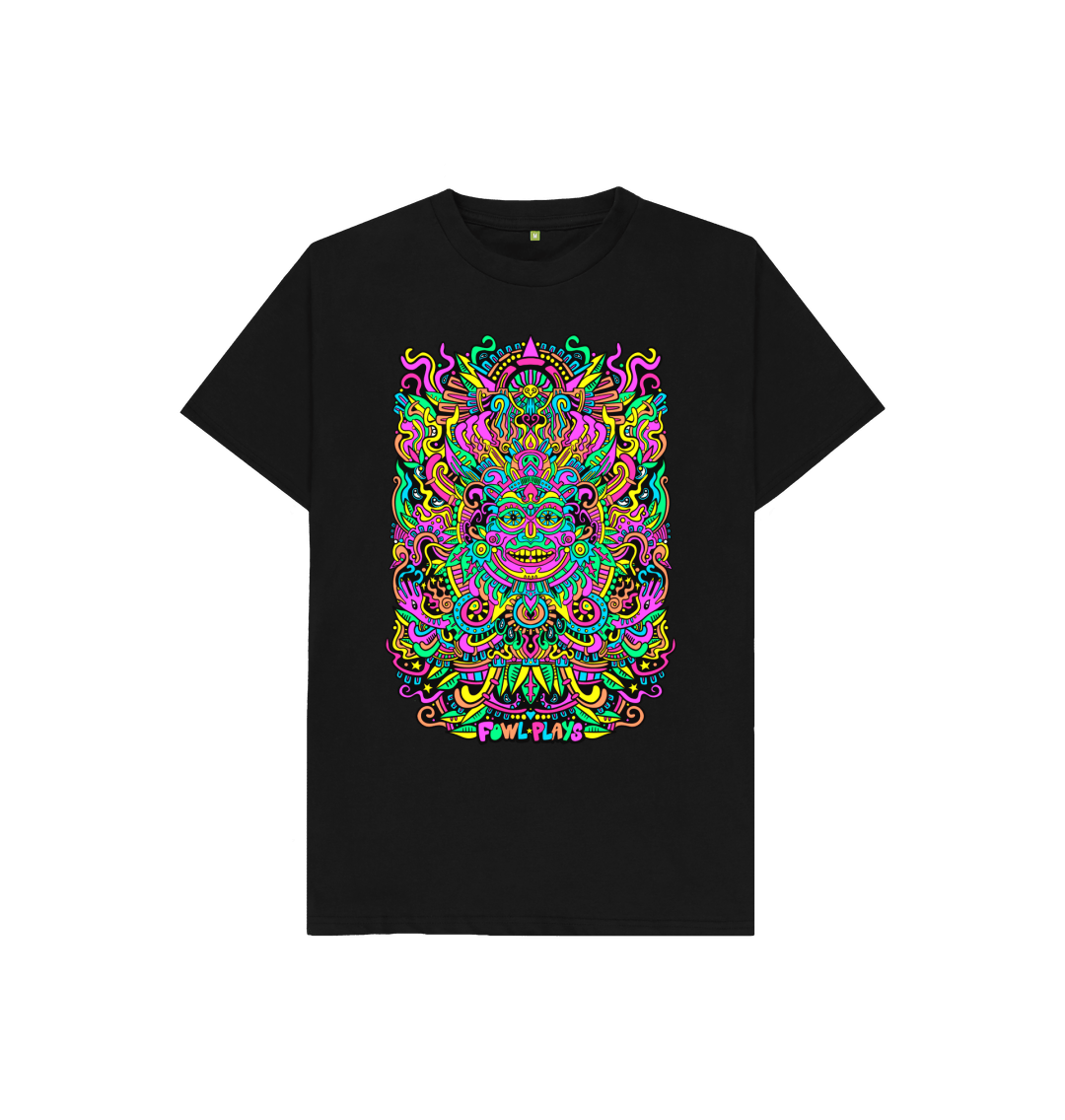 Organic Cotton Black Kids T-shirt featuring a Psychedelic Mask Bright Pastel Edition by Fowl Plays - Sustainable Fashion and Art At Fowl Plays