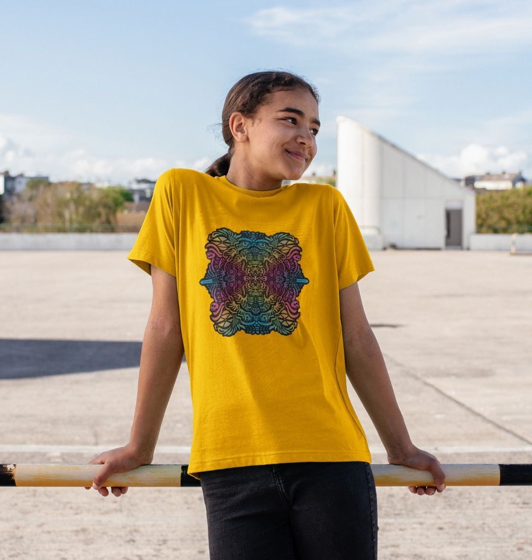 Organic Cotton Mustard Kids T-shirt featuring Pirate Plays Rainbow by Fowl Plays - Sustainable Fashion and Art At Fowl Plays