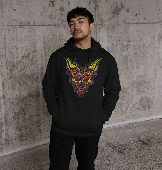 Organic Cotton Black Recycled Hoodie featuring Cyberpunk Dog Boy Rave by Fowl Plays - Sustainable Fashion and Art At Fowl Plays.