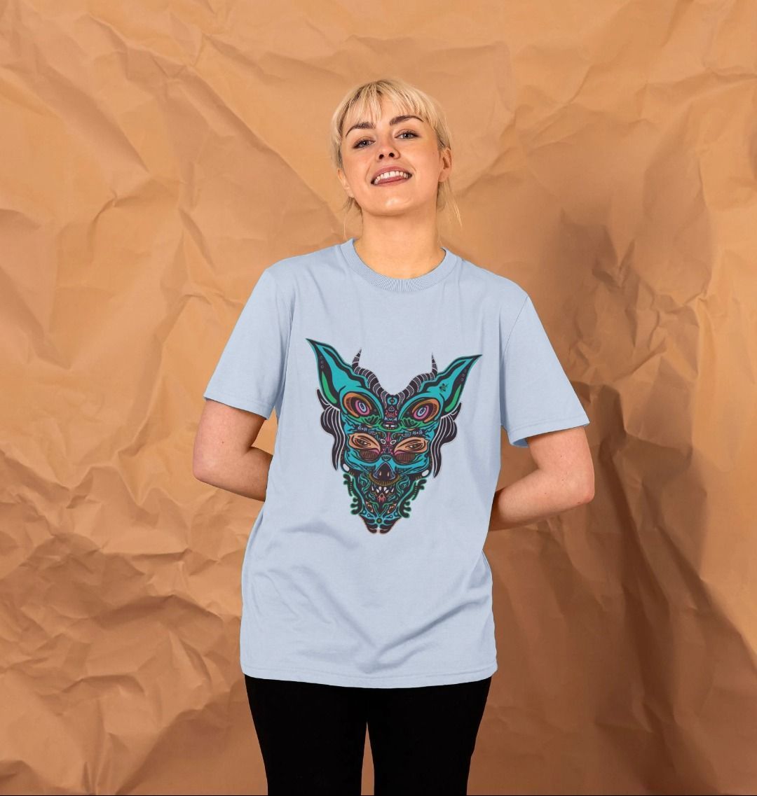 Organic Cotton Sky Blue T-shirt featuring Cyberpunk Dog Boy by Fowl Plays - Sustainable Fashion and Art At Fowl Plays