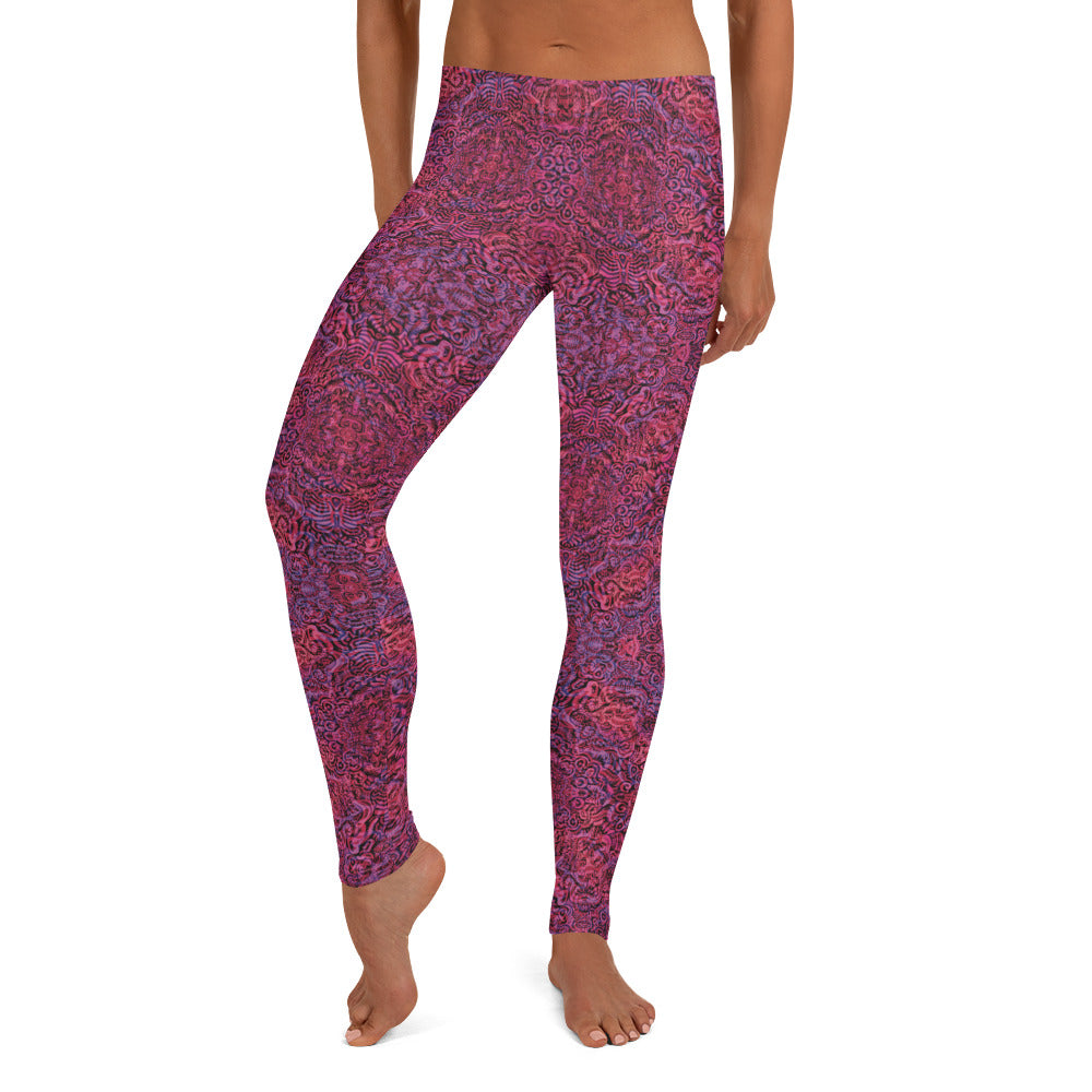 Magenta and purple patterned elasticated waist leggings featuring a bone-inspired design, exclusive to Fowl Plays Print Emporium.