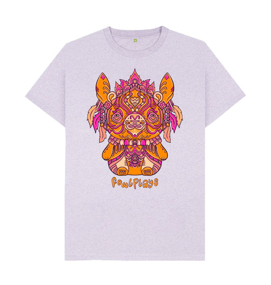 Organic Cotton Light Purple Recycled T-shirt featuring a Bunny Bear Forest Spirit by Fowl Plays - Sustainable Fashion and Art At Fowl Plays
