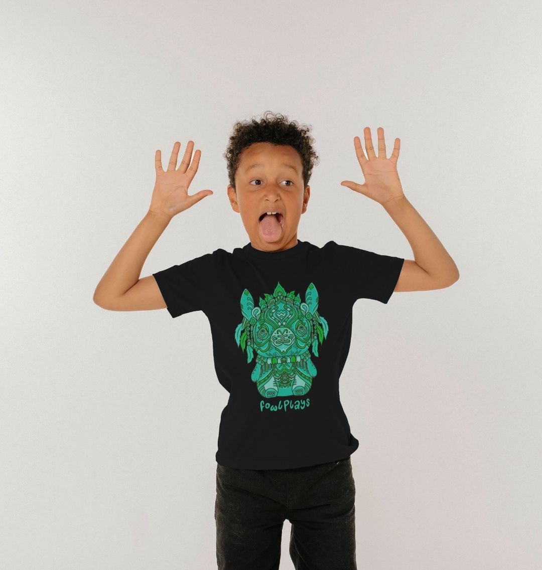 Organic Cotton Black Kids T-shirt featuring a Bunny Bear Forest Spirit by Fowl Plays - Sustainable Fashion and Art At Fowl Plays.