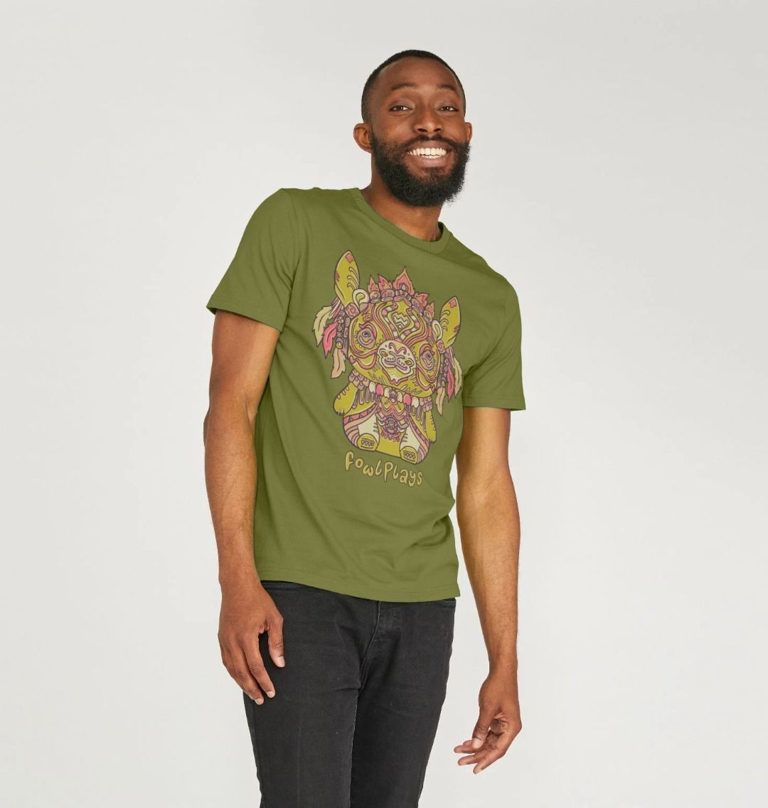 Organic Cotton Moss Green T-shirt featuring a Bunny Bear Forest Spirit by Fowl Plays - Sustainable Fashion and Art At Fowl Plays.