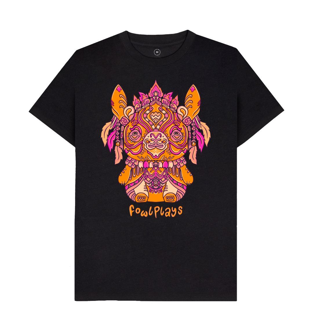 Organic Cotton Black Recycled T-shirt featuring a Bunny Bear Forest Spirit by Fowl Plays - Sustainable Fashion and Art At Fowl Plays