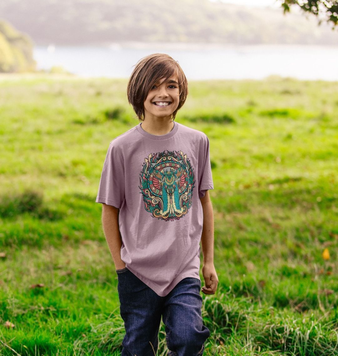 Flying Fire Lion by Fowl Plays on Kids Mauve Organic Cotton Unisex T-shirt Sustainable Fashion and Art At Fowl Plays