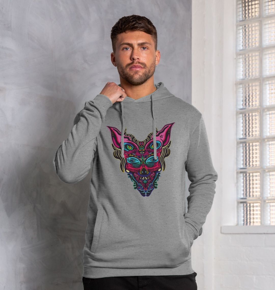 Organic Cotton Light Heather Hoodie featuring Cyberpunk Dog Boy Pink by Fowl Plays - Sustainable Fashion and Art At Fowl Plays.