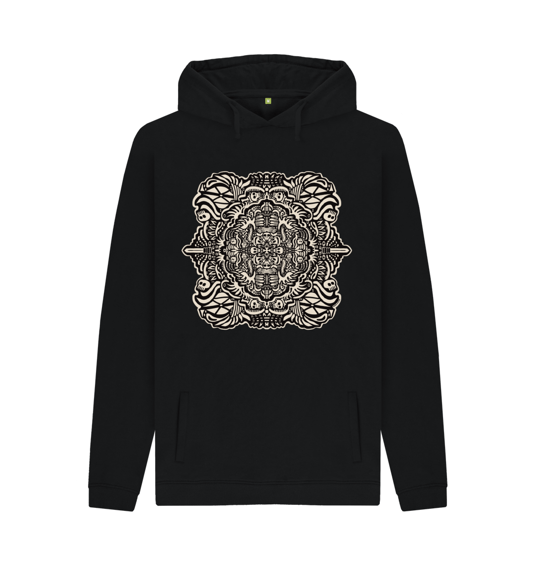 Organic Cotton Black Hoodie featuring Pirate Play Black and White by Fowl Plays - Sustainable Fashion and Art At Fowl Plays.