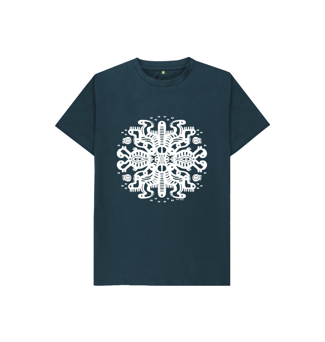 Organic Cotton Denim Blue Kids T-shirt featuring Squid Mates White Print by Fowl Plays - Sustainable Fashion and Art At Fowl Plays