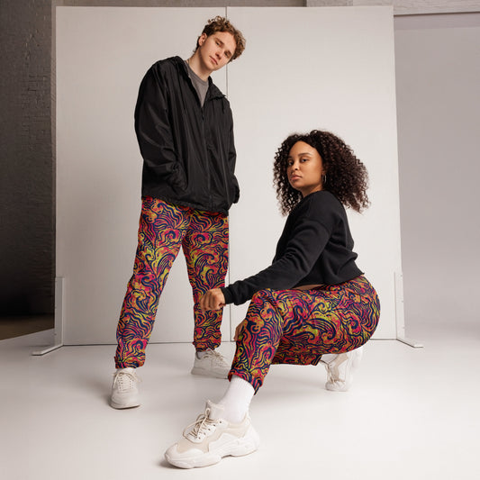 Orange, blue, and pink Blue Waves Joggers – unisex festival streetwear by Fowl Plays Print Emporium