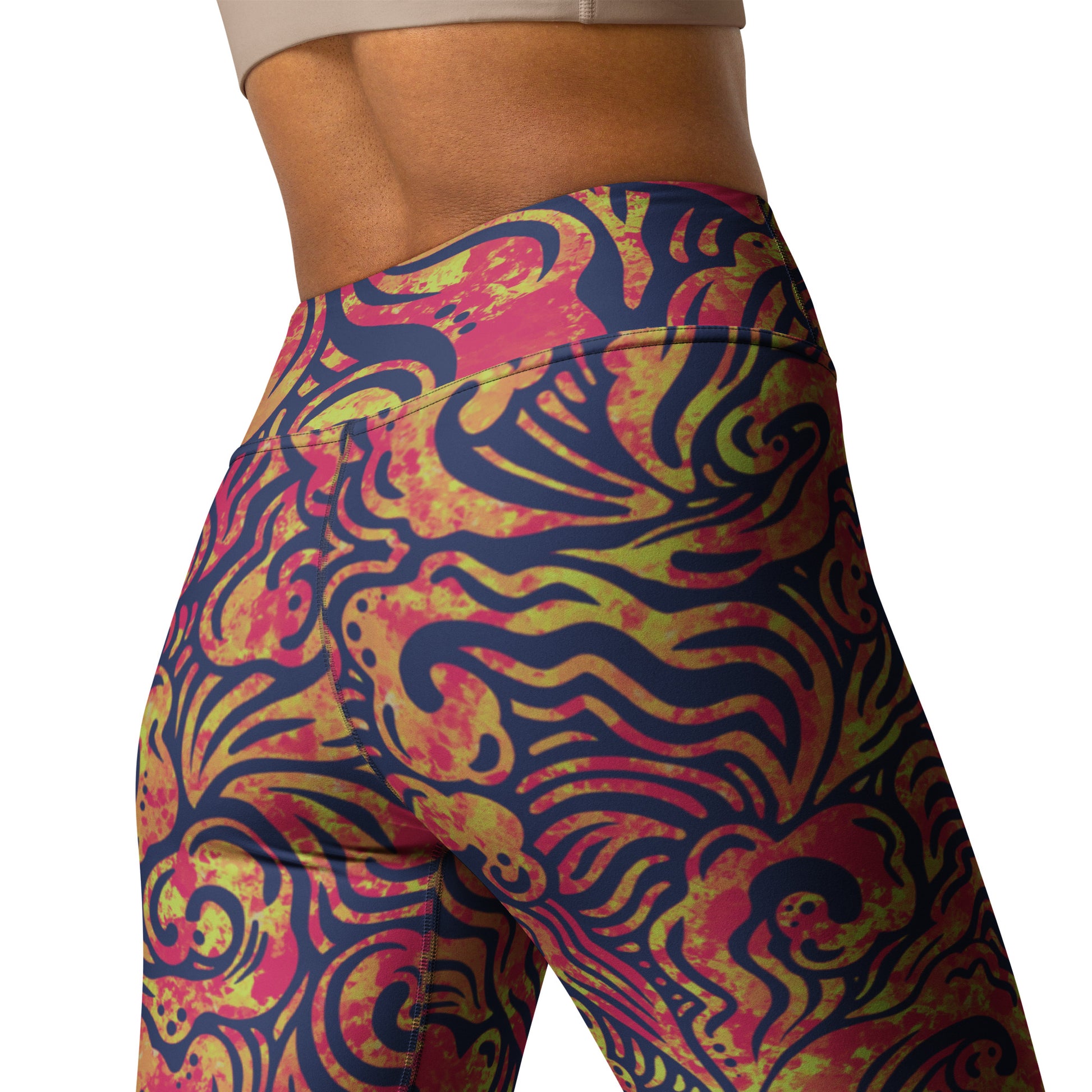 Orange, blue and pink wave-inspired psychedelic leggings designed by Fowl Plays Print Emporium.