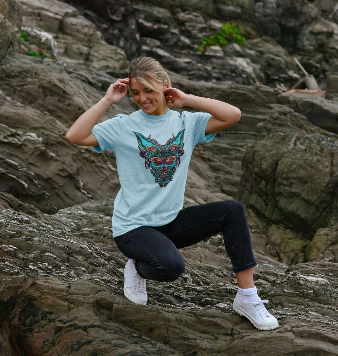 Organic Cotton Light Blue Recycled T-shirt featuring Cyberpunk Dog Boy by Fowl Plays - Sustainable Fashion and Art At Fowl Plays