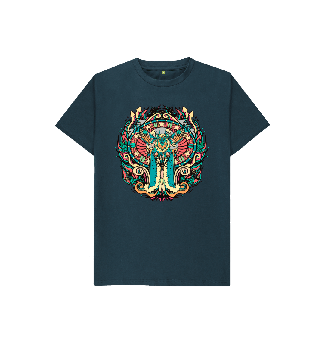 Flying Fire Lion by Fowl Plays on Kids Denim Blue Organic Cotton Unisex T-shirt Sustainable Fashion and Art At Fowl Plays