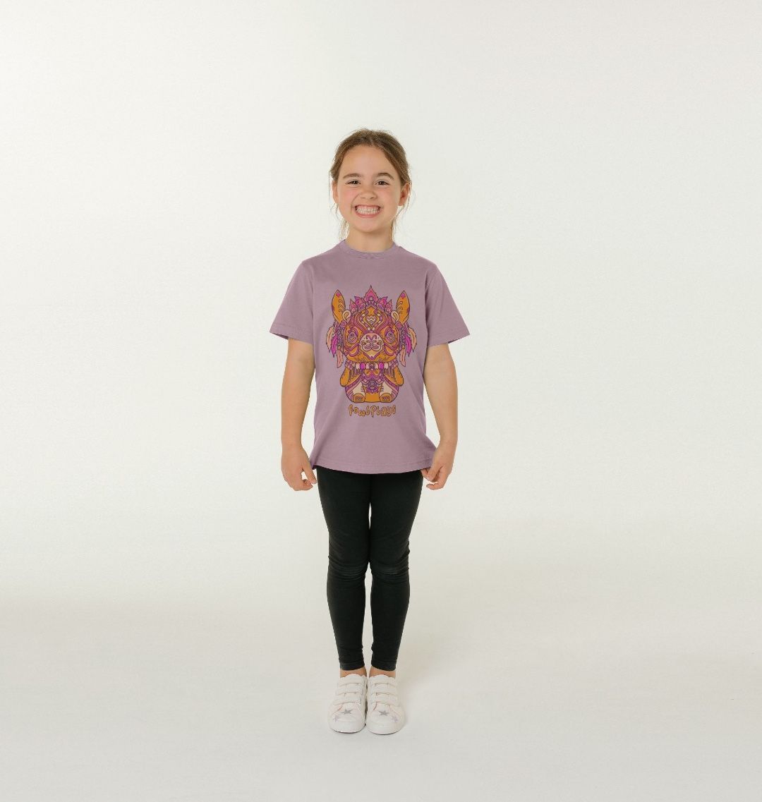 Organic Cotton Mauve Kids T-shirt featuring a Bunny Bear Forest Spirit by Fowl Plays - Sustainable Fashion and Art At Fowl Plays.