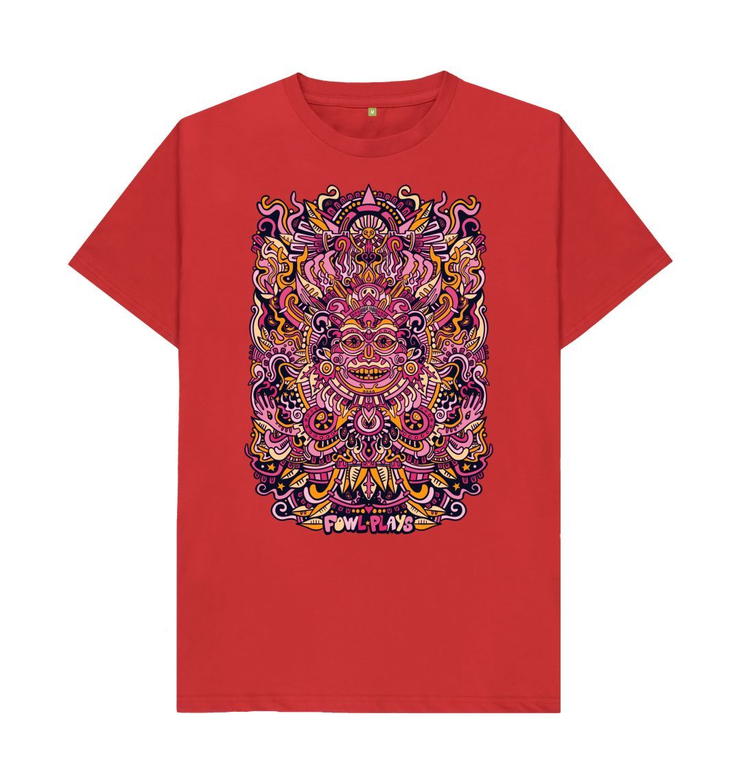 Organic Cotton Red T-shirt featuring a Psychedelic Mask Red Edition by Fowl Plays - Sustainable Fashion and Art At Fowl Plays