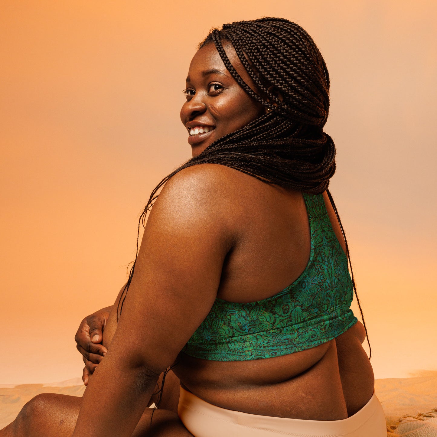 Emerald green and turquoise desert-inspired crop top – Cactus County Emerald by Fowl Plays Print Emporium. plus size sports bra
