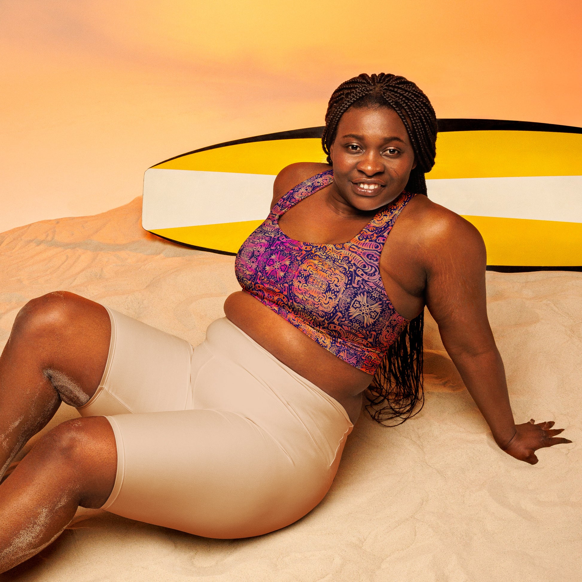 Pink, orange, and purple Ground Up crop top sports bra – Fowl Plays Print Emporium. front of plus size sports bra