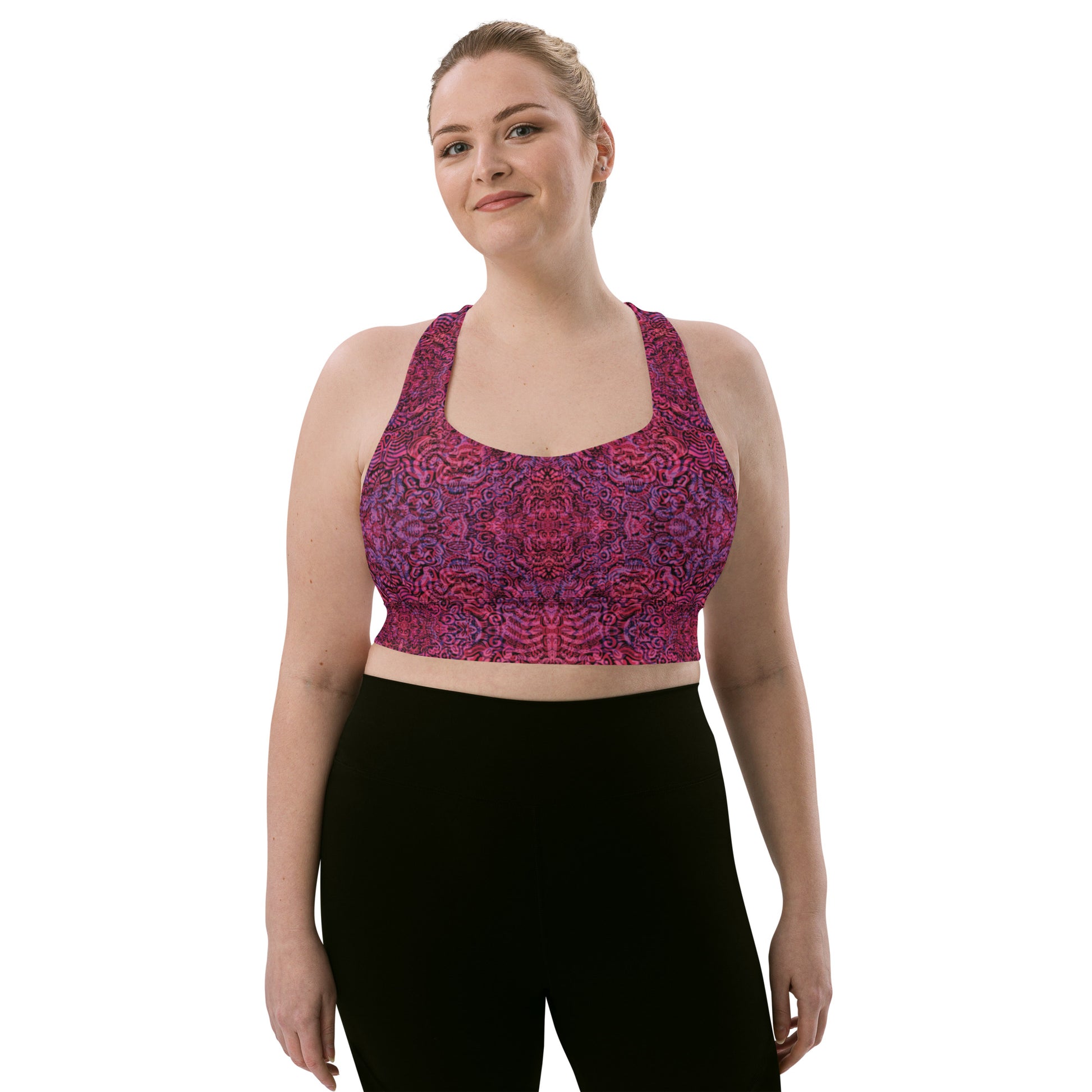 Purple and magenta bones print crop top – Magenta Bones Edition by Fowl Plays Print Emporium. plus size sports bra