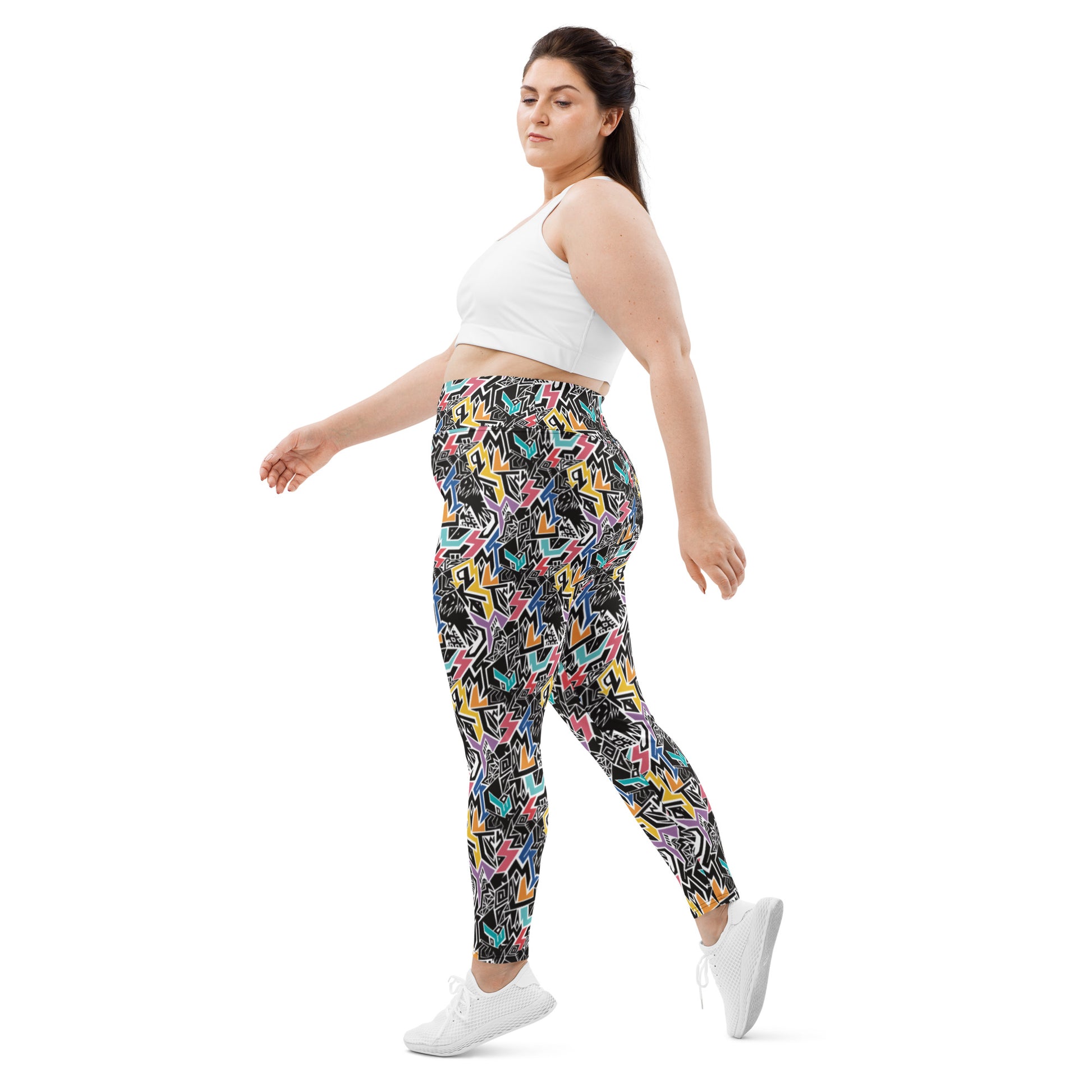 plus size Rainbow patterned leggings with hidden ‘Smile At Life’ message, designed by Fowl Plays Print Emporium
