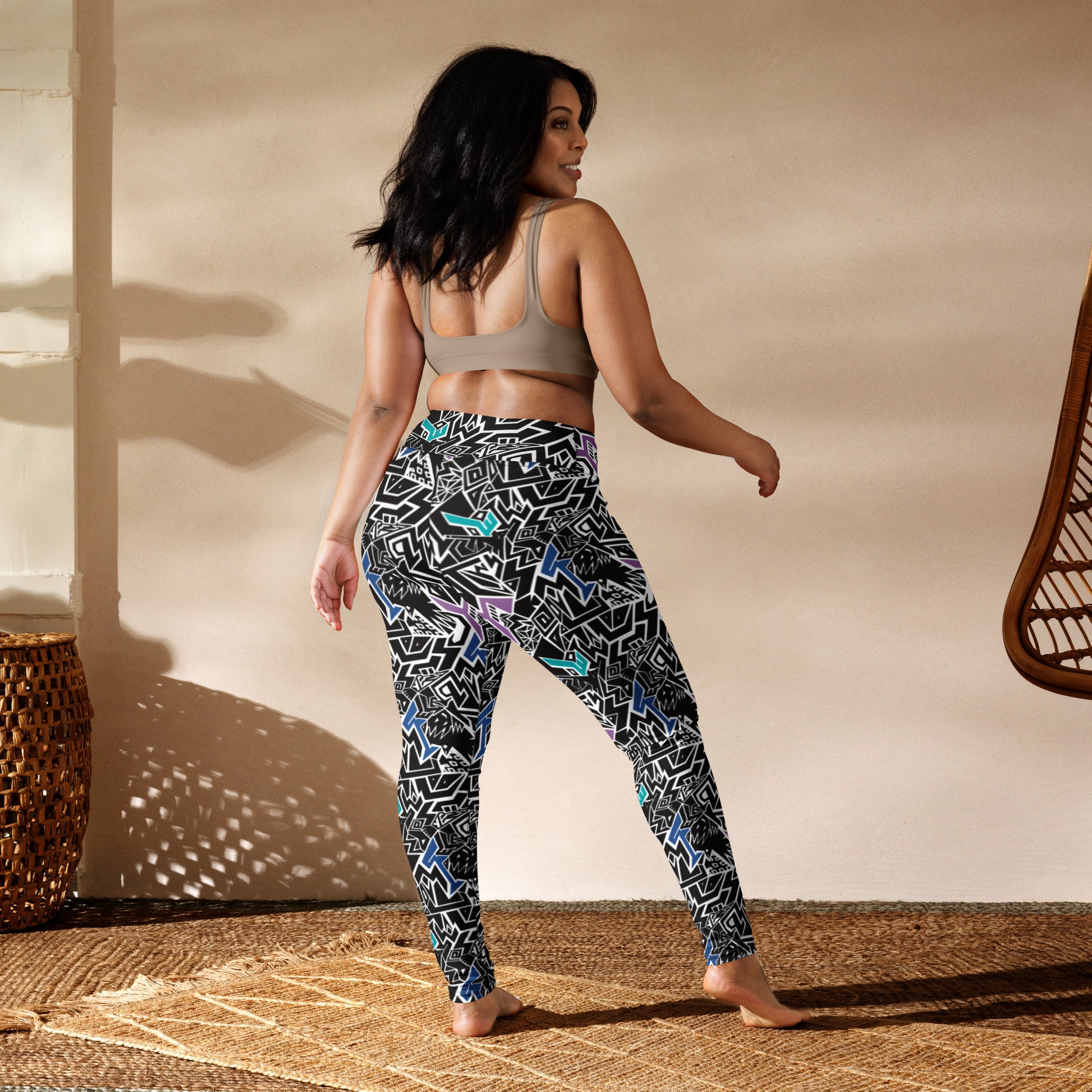 Purple abstract leggings with hidden ‘Smile at Life’ text – yoga or festival wear on plus size back