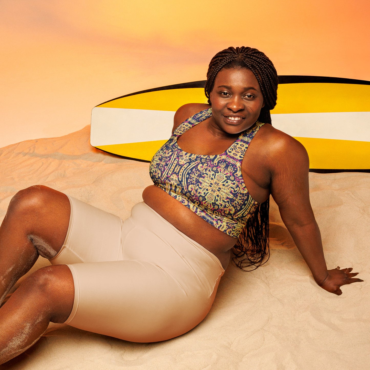 plus size blue, yellow and pink psychedelic crop top inspired by octopuses – exclusive ocean-themed design by Fowl Plays Print Emporium.