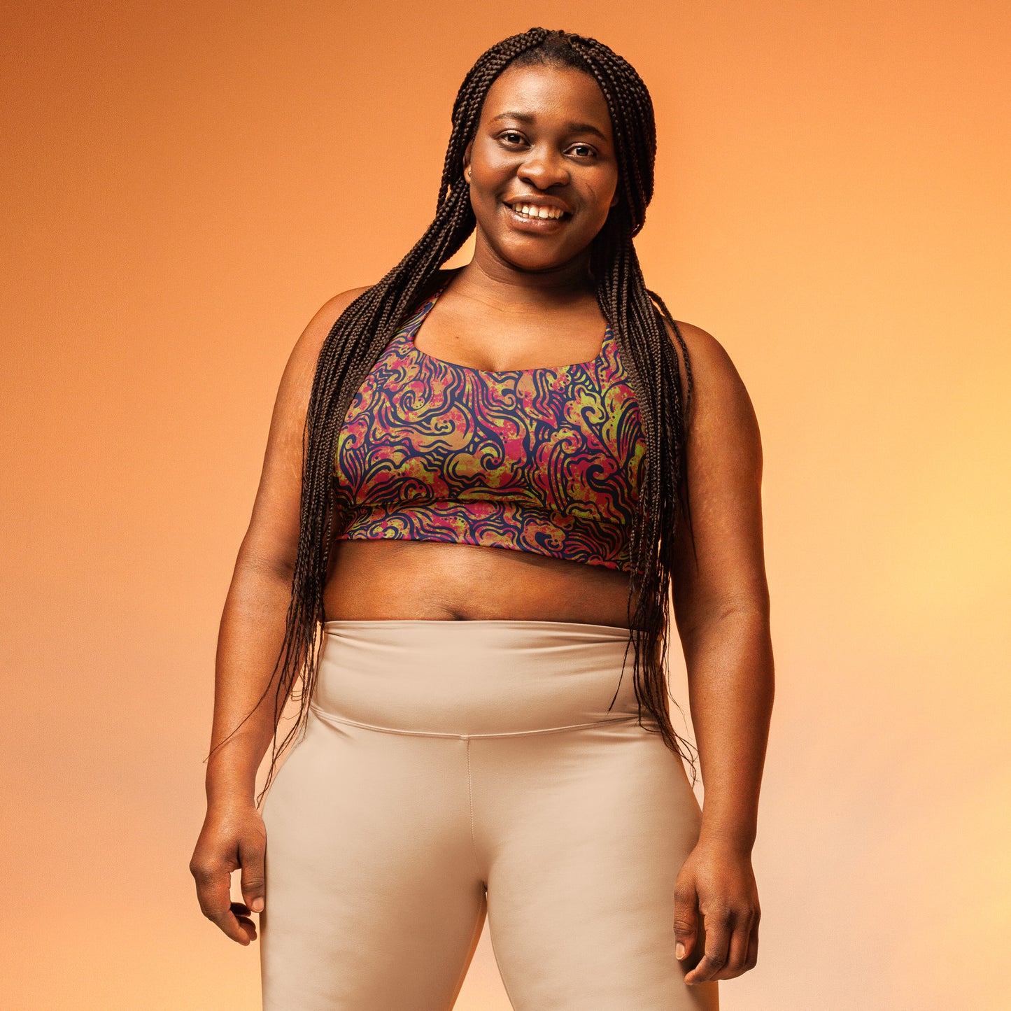 Blue, orange and pink psychedelic long line sports bra crop top inspired by ocean waves – exclusive sustainable design by Fowl Plays Print Emporium. plus size