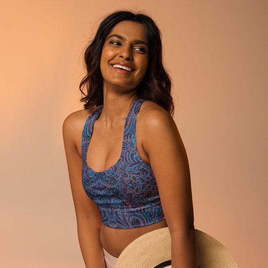 Vibrant blue and pink Psychedelic Kaleidoscope Blue Crop Top Sports Bra. Mindful festival-ready design by Fowl Plays Print Emporium, made to move with you.