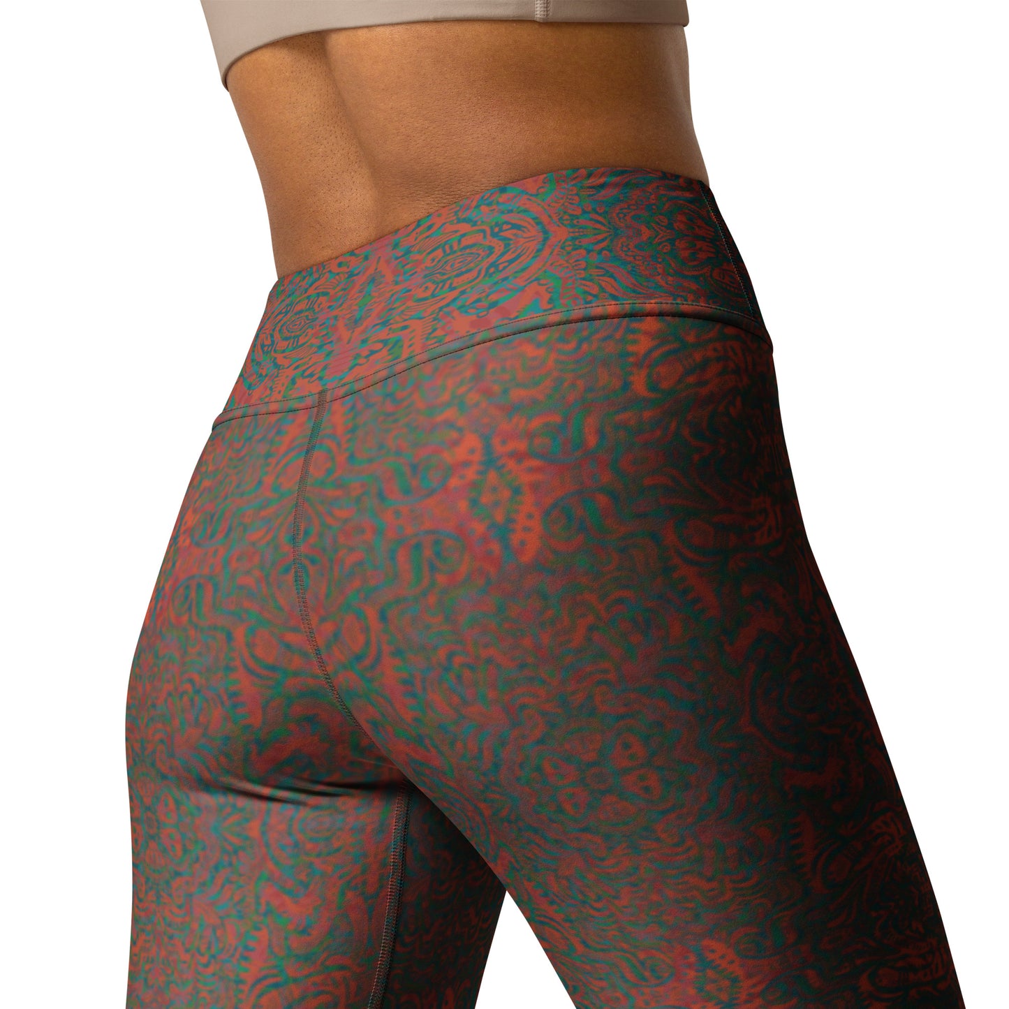 Colourful orange, blue, and green tribal kaleidoscope leggings with psychedelic mandala design, exclusive to Fowl Plays Print Emporium.