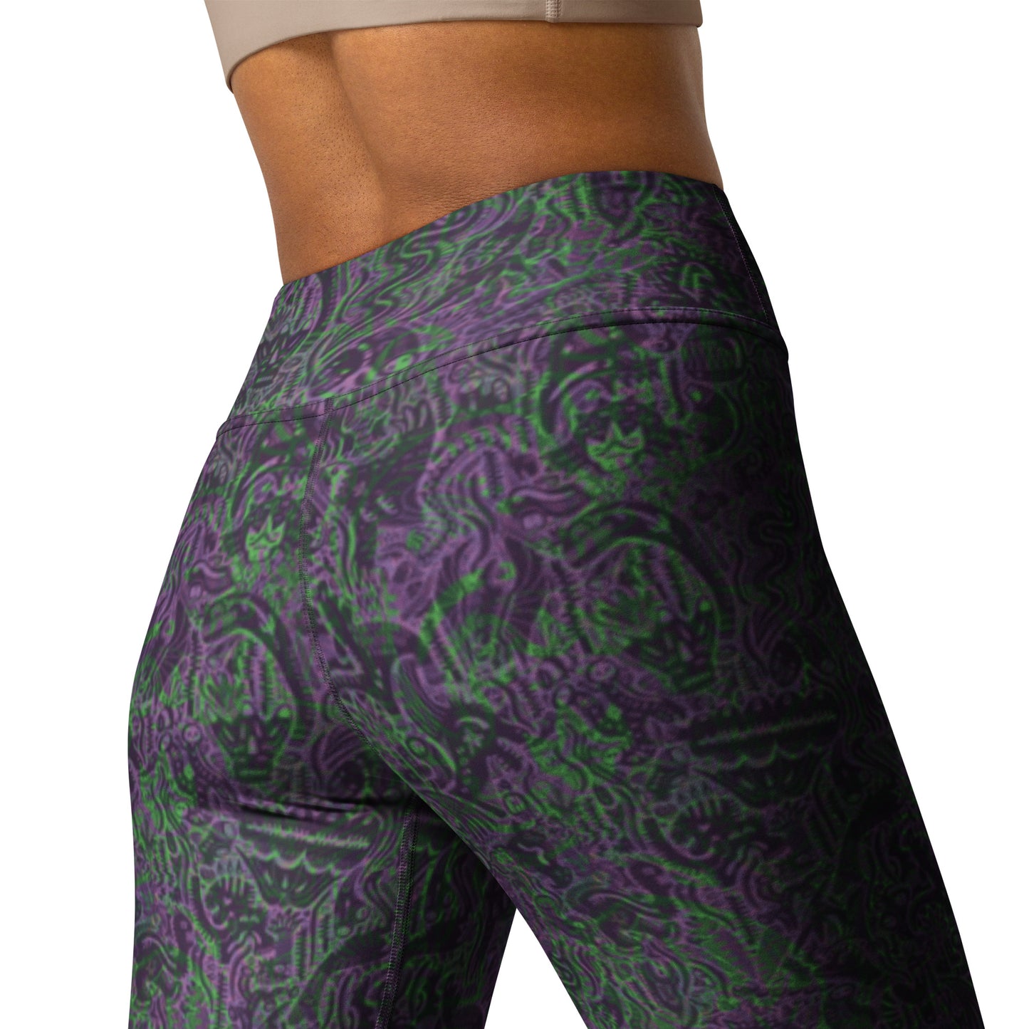Purple and green dinosaur doodle leggings designed by Fowl Plays Print Emporium. yoga waist back