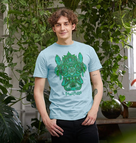 Organic Cotton Light Blue Recycled T-shirt featuring a Bunny Bear Forest Spirit by Fowl Plays - Sustainable Fashion and Art At Fowl Plays