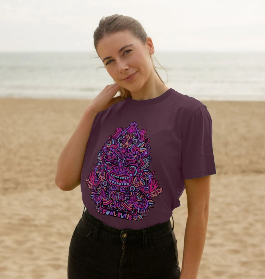 Organic Cotton Purple T-shirt featuring Triangular Mask Purple by Fowl Plays - Sustainable Fashion and Art At Fowl Plays