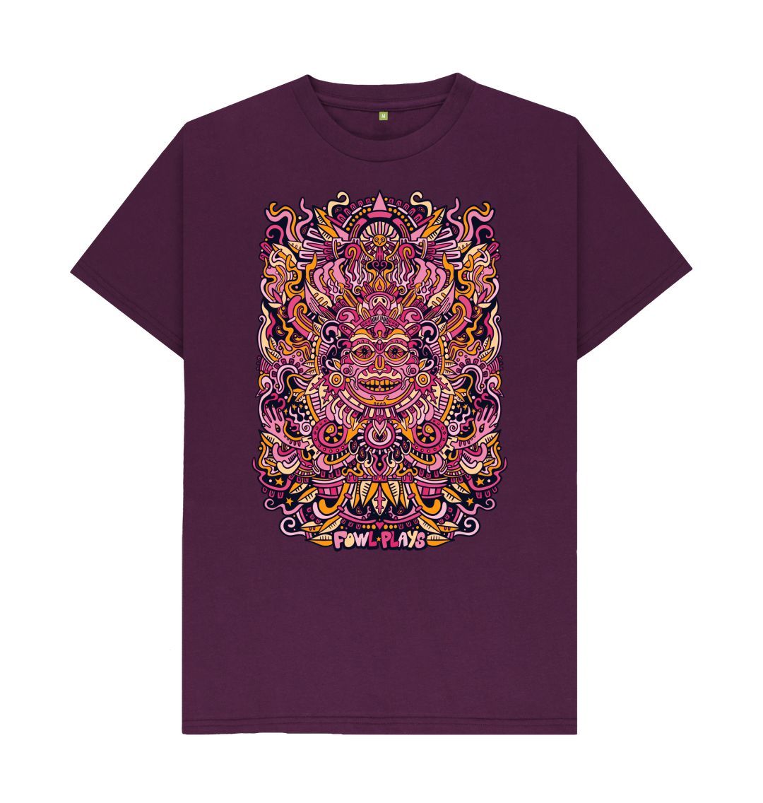 Organic Cotton Purple T-shirt featuring a Psychedelic Mask Red Edition by Fowl Plays - Sustainable Fashion and Art At Fowl Plays