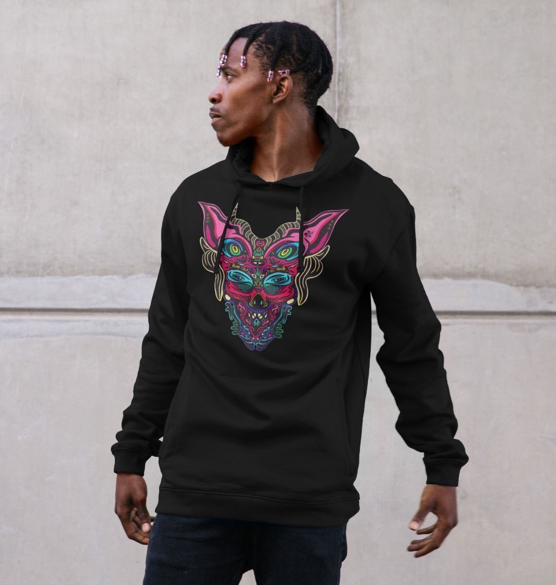 Organic Cotton Black Hoodie featuring Cyberpunk Dog Boy Pink by Fowl Plays - Sustainable Fashion and Art At Fowl Plays.