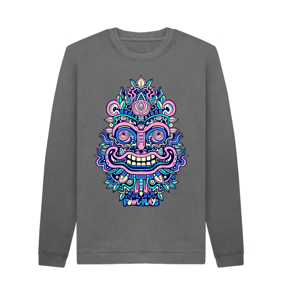 Slate Grey Smiling Mask Organic Cotton Unisex Sweater Pastel