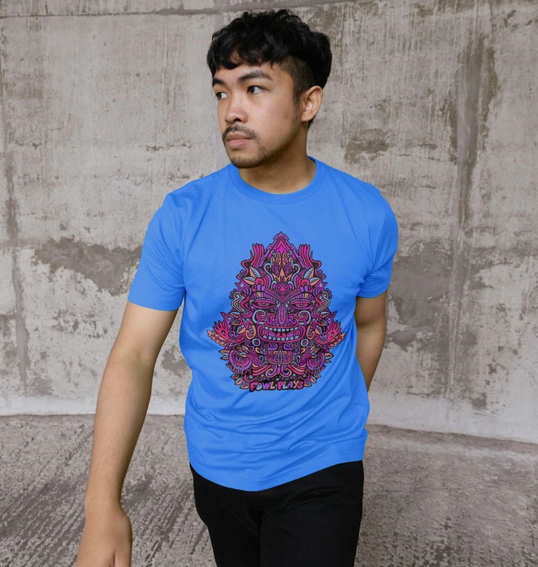 Organic Cotton Bright Blue T-shirt featuring Triangular Mask Purple by Fowl Plays - Sustainable Fashion and Art At Fowl Plays