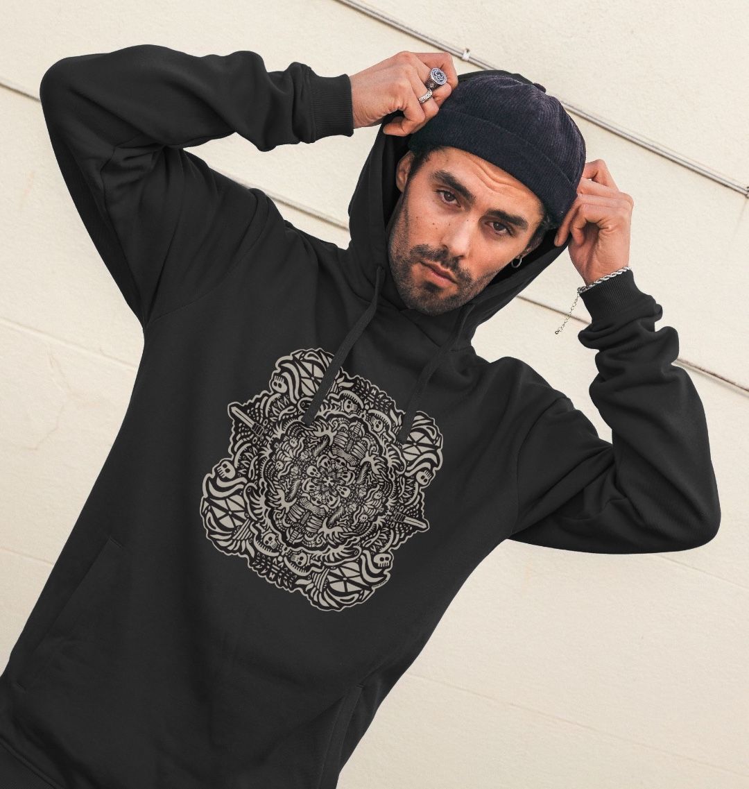 Organic Cotton Black Hoodie featuring Pirate Play Black and White by Fowl Plays - Sustainable Fashion and Art At Fowl Plays.