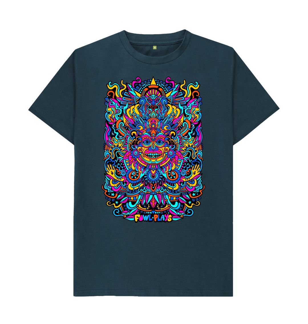 Organic Cotton Denim Blue T-shirt featuring a Psychedelic Mask Blue Edition by Fowl Plays - Sustainable Fashion and Art At Fowl Plays