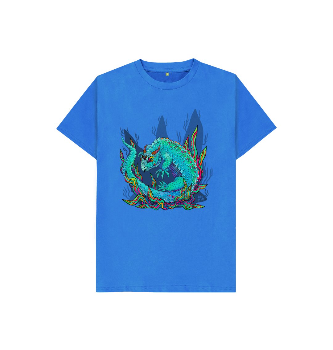 Bright Blue Armadillo Lizard Kids Organic Cotton Kids Bright Blue T-shirt featuring an Armadillo Lizard by Fowl Plays - Sustainable Fashion and Art At Fowl Plays.