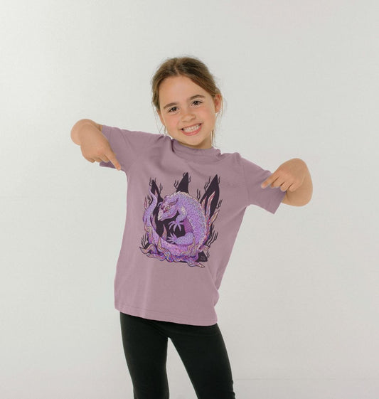 Organic Cotton Kids Mauve T-shirt featuring an Armadillo Lizard by Fowl Plays - Sustainable Fashion and Art At Fowl Plays.