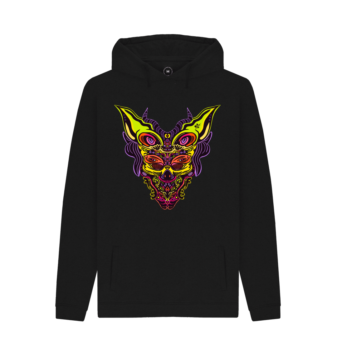 Organic Cotton Black Recycled Hoodie featuring Cyberpunk Dog Boy Rave by Fowl Plays - Sustainable Fashion and Art At Fowl Plays.