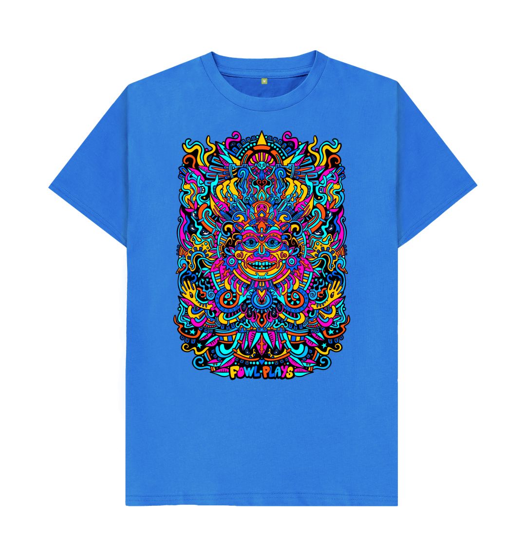 Organic Cotton Bright Blue T-shirt featuring a Psychedelic Mask Blue Edition by Fowl Plays - Sustainable Fashion and Art At Fowl Plays