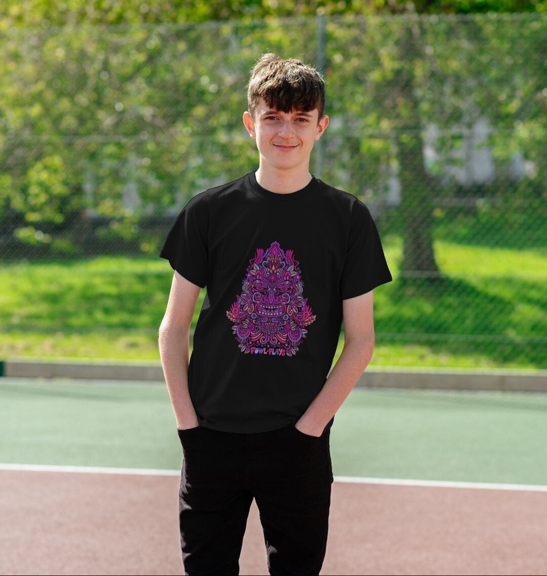 Organic Cotton Black Kids T-shirt featuring Triangular Mask Purple by Fowl Plays - Sustainable Fashion and Art At Fowl Plays