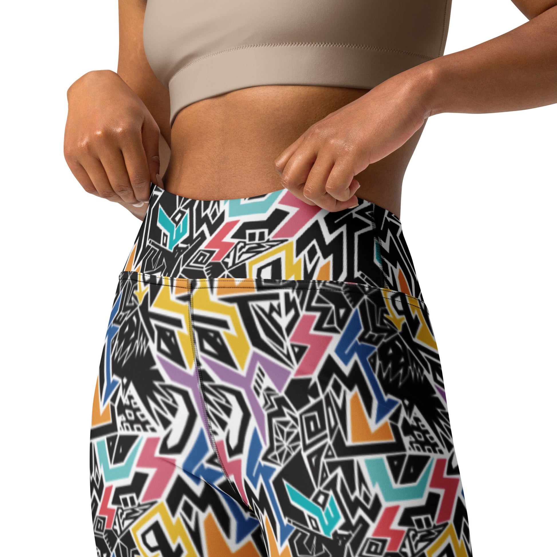 Rainbow patterned leggings with hidden ‘Smile At Life’ message, designed by Fowl Plays Print Emporium