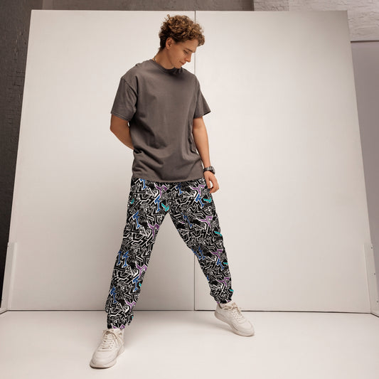 Black, white, and purple Smile At Life Joggers – unisex festival streetwear by Fowl Plays Print Emporium