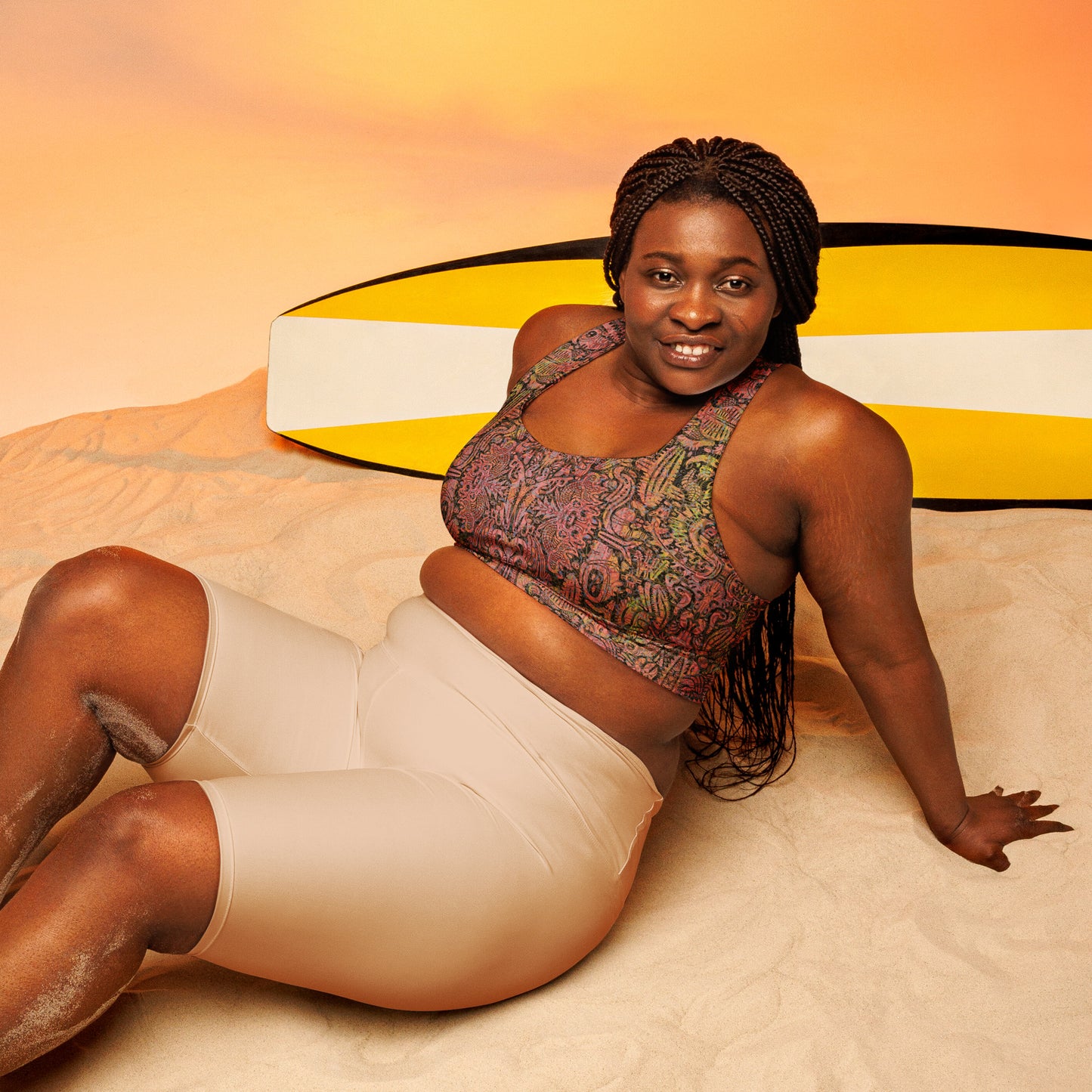 Yellow and pink desert-inspired crop top – Cactus County Sand by Fowl Plays Print Emporium. front of plus size sports bra